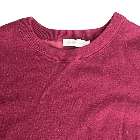 Tory Burch Maroon Dina Merino Wool Lace Sleeves Crew Neck Sweater L Peplum Back - Picture 5 of 11